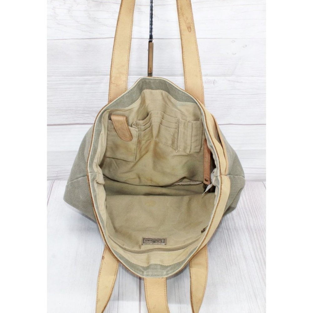 Vintage LL Bean Green Tan Cotton Colorblock Buckle Shoulder Tote Bag - Picture 9 of 10